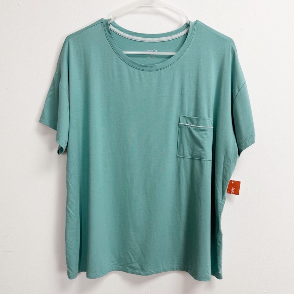 State of Day Shirt Womens Large Green Solid Pocket PJs Pajama Sleep Top NWT
